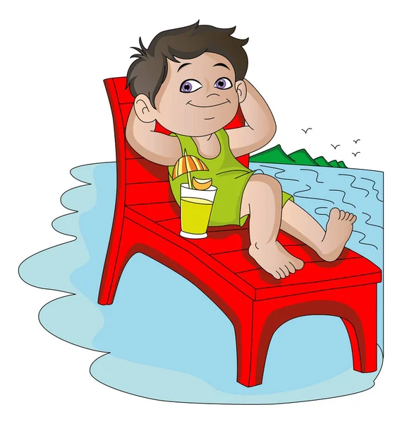 Ilustração Vetorial Menino Com Bebida Relaxante Cadeira Praia — Vetor de Stock