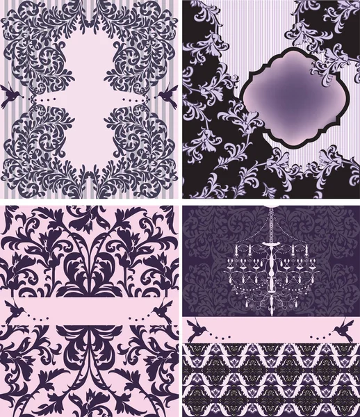 Set Four Purple Invitations Floral Background — Stock Vector