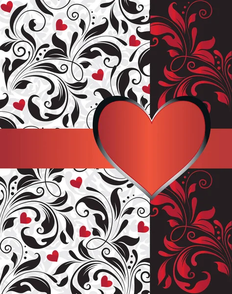 复古情人卡与华丽典雅的抽象花卉设计 红色和黑色的花朵与心和丝带 矢量插图 — 图库矢量图片