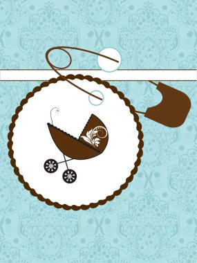 Vintage bebek duş davetiye kartı kahverengi bebek arabası pasta ve çengelli iğne ile süslü zarif retro soyut çiçek tasarım, Akuamarin Mavi çiçekli. Vektör çizim.