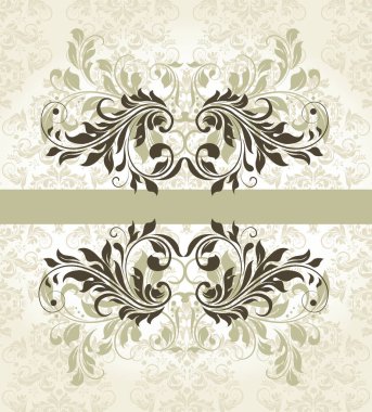 Vintage Davetiyeli süslü zarif soyut çiçek tasarım, altın gri şerit ile. Vektör çizim.