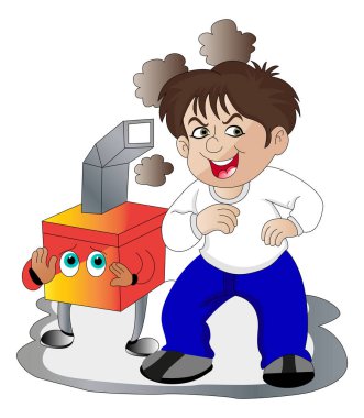 Mutlu çocuk baca maskot yanında duran vektör çizim.