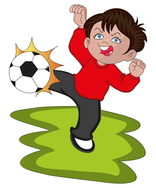 Vector Illustration Boy Kicking Soccer Ball — Stock Vector