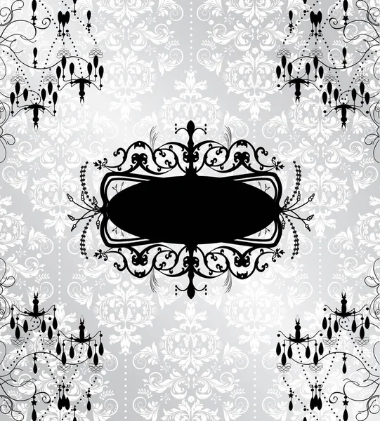 華やかなエレガントな抽象的な花柄のデザインで シャンデリアのあるグレーに黒と白のビンテージの招待状 ベクトル図 — ストックベクタ
