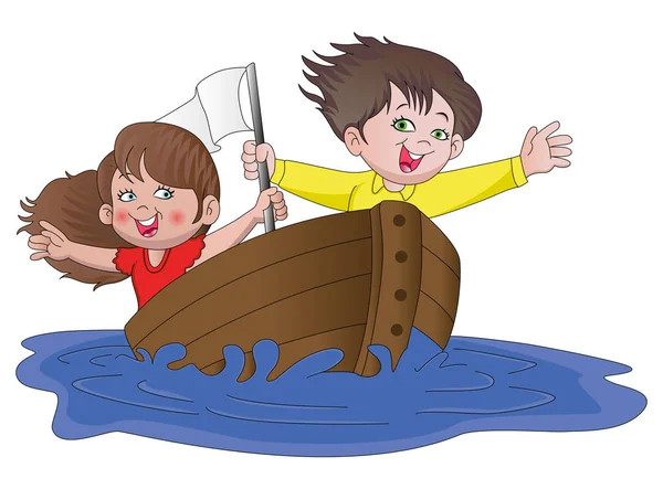 Εικονογράφηση Διάνυσμα Ευτυχισμένο Αγόρι Και Κορίτσι Που Ταξιδεύουν Πλοίο — Διανυσματικό Αρχείο