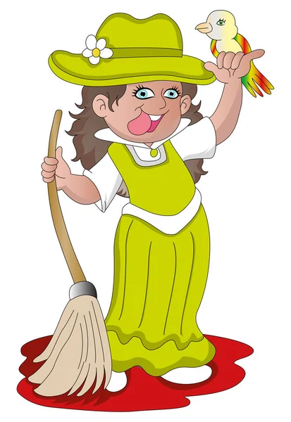 Vector Illustration Happy Girl Holding Broom Bird — Stock Vector