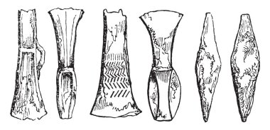 Taş ve metal silahlar, vintage illüstrasyon kazınmış. İngiltere, 1837 renkli geçmişi