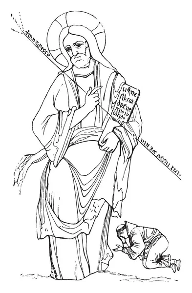 San Dunstan in ginocchio di Gesù Cristo, incisione vintage . — Vettoriale Stock