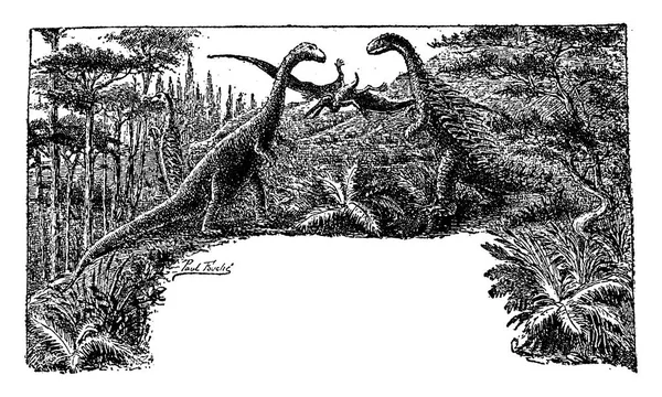 ジュラ紀 巨大なトカゲの治世ヴィンテージが刻まれた図 1886 前に地球 — ストックベクタ