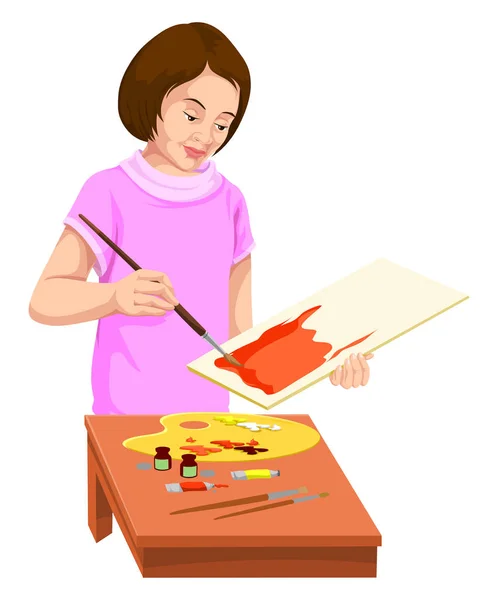 Vector Illustration Woman Painting Canvas — Stock Vector