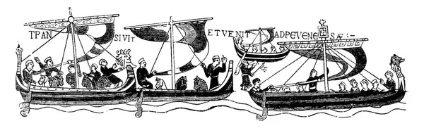 Les Navires Guillaume Conquérant Après Célèbre Tapisserie Bayeaux Illustration Gravée — Image vectorielle