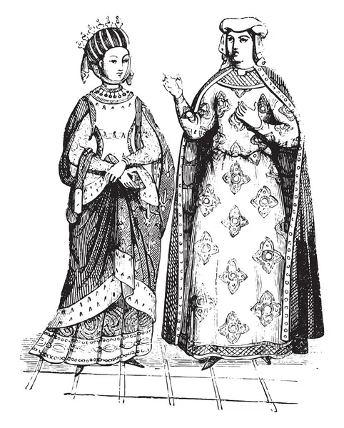 Blanche de Castille et Marguerite de Provence, gravure vintage . — Image vectorielle