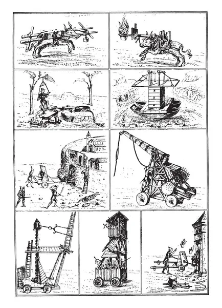 Krigsmaskiner Den Fjortonde Och Femtonde Århundradena Vintage Ingraverad Illustration Magasin — Stock vektor