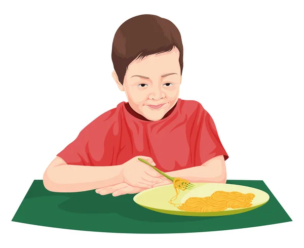 Ilustração Vetorial Menino Comendo Macarrão —  Vetores de Stock