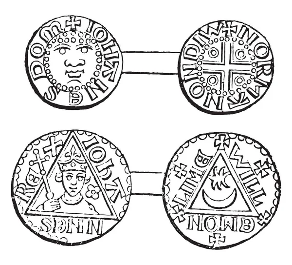 Monedas Acuñadas Durante Reinado Del Rey Juan Ilustración Grabada Vintage — Vector de stock