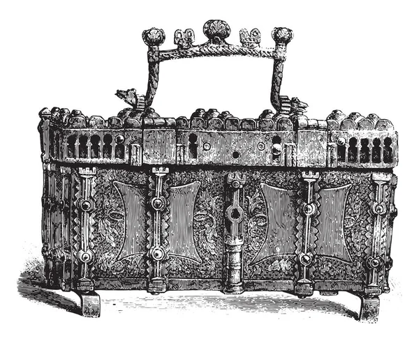 十四世纪盒 饰以镀金的皮革和华夫饼 老式刻图 玛佳欣 Pittoresque 1878 — 图库矢量图片