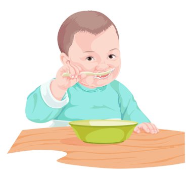 Vektör çizim kaşıkla yemek yiyecek çocuk.