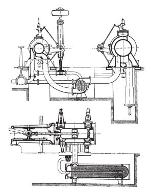 Schmidt superheater sistemi ile makine leylek, vintage illüstrasyon kazınmış. Endüstriyel ansiklopedi E.-O. Lami - 1875