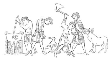 Saksonlar, bir yemek hazırlama illüstrasyon vintage kazınmış. İngiltere, 1837 renkli geçmişi