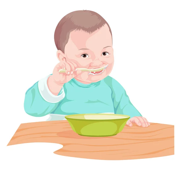 Vector Illustration Boy Eating Food Spoon — Stock Vector