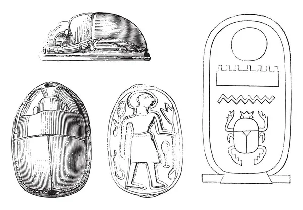 Ägyptische Briefmarken Mit Den Heiligen Käfern Gravierte Illustration Magasin Pittoresk — Stockvektor
