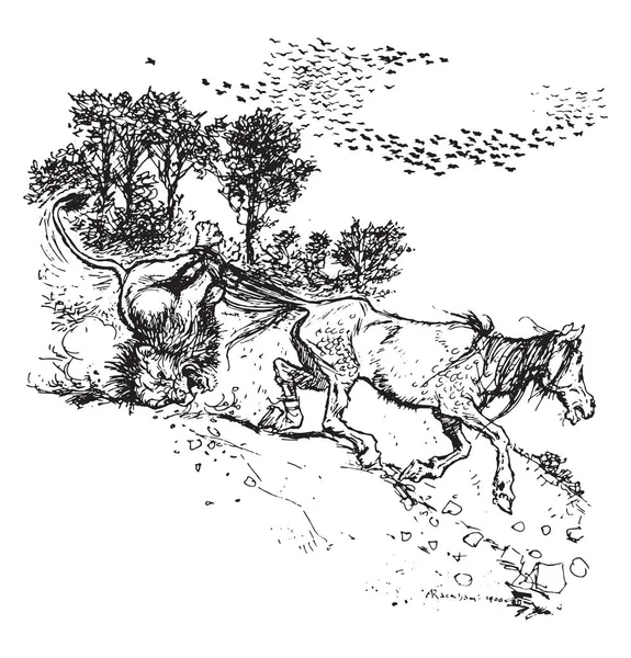Horse Sprang Dragged Lion Away Him Vintage Engraved Illustration — Stock Vector