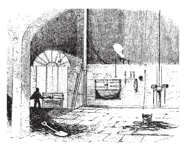 熔炉在城市锯磨房 古董刻例证 — 图库矢量图片