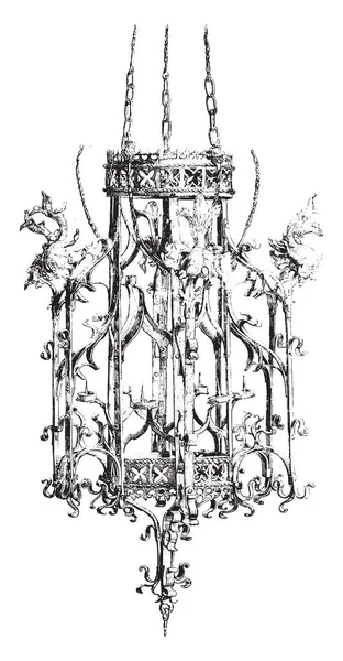慕尼黑国家博物馆 第十五世纪铁吊灯 复古雕刻插图 Magasin Pittoresque 1878 — 图库矢量图片