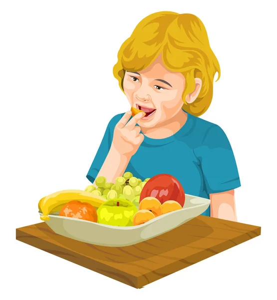 Εικονογράφηση Διάνυσμα Κορίτσι Τρώει Φρέσκα Φρούτα — Διανυσματικό Αρχείο