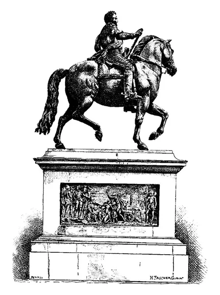 Statue Henri Pont Neuf Vintage Engraved Illustration Paris Auguste Vitu — Stock Vector