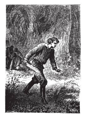 Dick Sand rushed, cutlass in hand, vintage engraving.