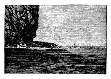Okyanus cliff, vintage illüstrasyon kazınmış. Adam 1886 önce toprak. 