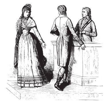 Takım elbise, 1793, zaman, vintage oyulmuş illüstrasyon bir damga sonra boşanma. Magasin Pittoresque 1880