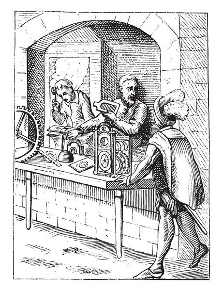 Klokken in de zestiende eeuw, vintage gravure. — Stockvector