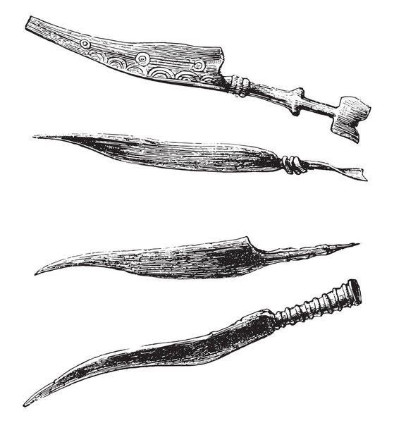 Museums Zurich and St. Germain Knives of the Bronze Age, vintage engraved illustration. Magasin Pittoresque 1880