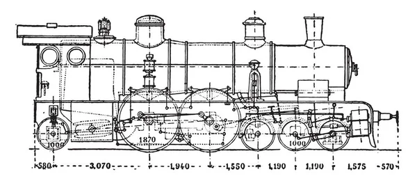 Krauss locomotive has axle auxiliary motor, vintage engraving. — Stock Vector