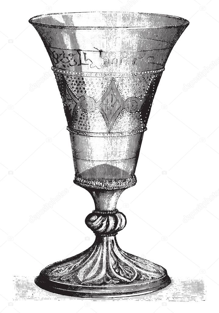 Archaeological Museum of Douai, Old glass chalice, says glass of