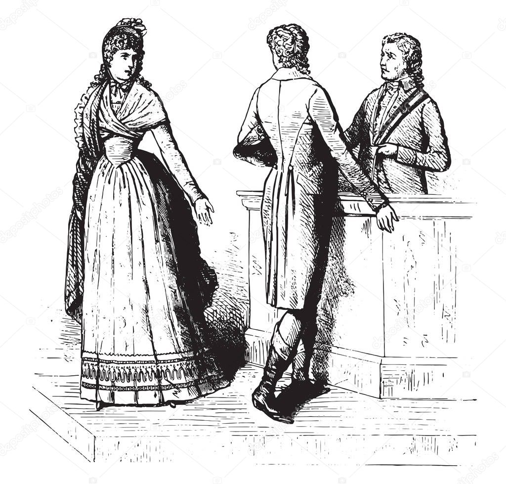 Divorce suits, 1793, On after a stamp of time, vintage engraved illustration. Magasin Pittoresque 1880