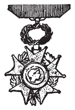 Devlet Onur Nişanları Avrupa'nın askeri bir dekorasyon, bu bir şerit, vintage çizgi çizme veya oyma illüstrasyon üzerinde asılı beyaz emaye-çapraz, asker yüz Merkezi, küçük olan bir madalya