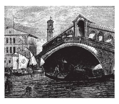 Rialto Köprüsü ve gondol ve tekne Rialto Köprüsü Venedik, vintage çizgi çizme veya oyma illüstrasyon altında manevra.