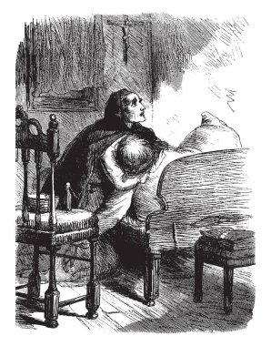 Kadın dua eden vintage illüstrasyon. 