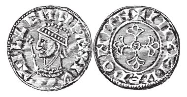 Ortaçağ sikke gümüş bir kuruş dereceyi ve ters tarafında William Conqueror, vintage çizgi çizme veya oyma illüstrasyon döneminde olduğunu..