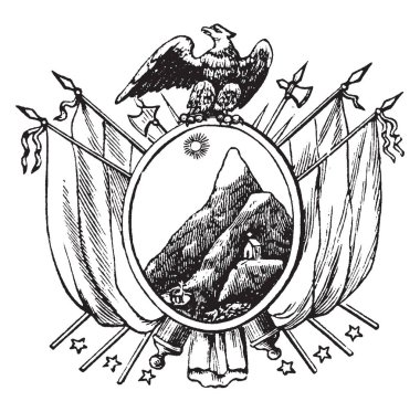 Arması, Bolivya, bu mühür iki çapraz riffles ile iki bayrak oval şekil her tarafında, oval şekil dağlar ve gündoğumu, mühür, vintage çizgi çizme veya oyma illüstrasyon üstünde kartal var.