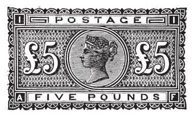 Great Britain and Ireland Five Pound Stamp in 1882 which is used during this period are referred to as Great Britain used in Ireland, vintage line drawing or engraving illustration. clipart