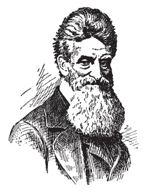 John Brown, 1800-1859, bir Amerikalı köle hakları savunucusu olduğunu, Harpers Ferry 1858 yılında kurtuluş hareketi başlatmak için vintage çizgi çizme veya oyma illüstrasyon federal silah deposuna baskın led