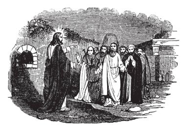 O yatağı üst vücudu yükseltir gibi İsa kızın elini tutuyor. O bir defne taç giyer ve Jairus yatağının duruyor. Bir kadın ve bir adam arka planda, vintage çizim için ayakta veya illüstrasyon oyma.