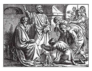 Saint Paul ve Saint Peter ın chains içinde hapishane sınırlanmış gördün. Çeşme Peter dua ediyor ve beş tutsak Çeşme, vintage çizgi çizme veya oyma illüstrasyon vaftiz olmak edebiliyoruz patlak verdi görünüyor.