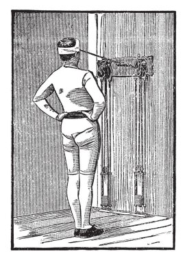 Onun her ikisi üzerinde kafa dişli kullanarak bir stand bel el bir adam tutun nerede kafa dişli bir ucunu duvar, vintage çizgi çizme veya oyma illüstrasyon diğer ucunda sıkışmış boyun egzersiz yapıyor.