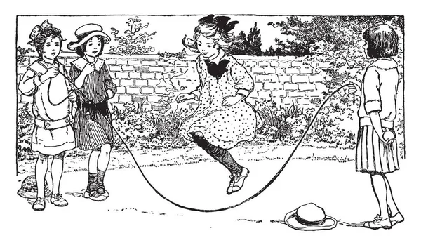 Девочки Играют Веревкой Две Девушки Поймали Веревку Третья Девушка Прыгает — стоковый вектор