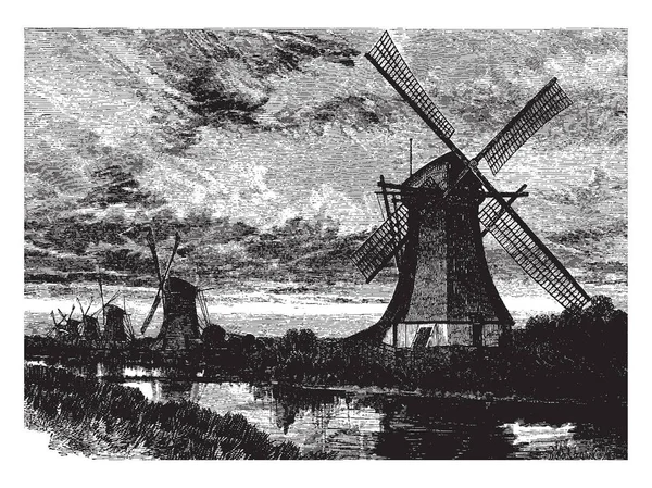 Gibt Jede Menge Windmühlen Der Kanalseite Vintage Linienzeichnung Oder Gravierillustration — Stockvektor